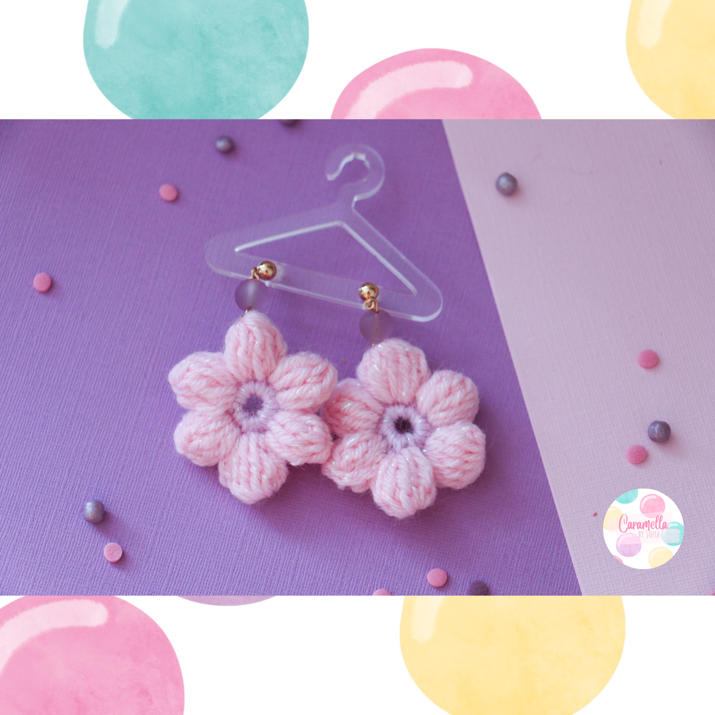 Handmade Crochet Puff Flower Earrings - Lilac and Baby Pink - Lilac Beads - Gold Plated