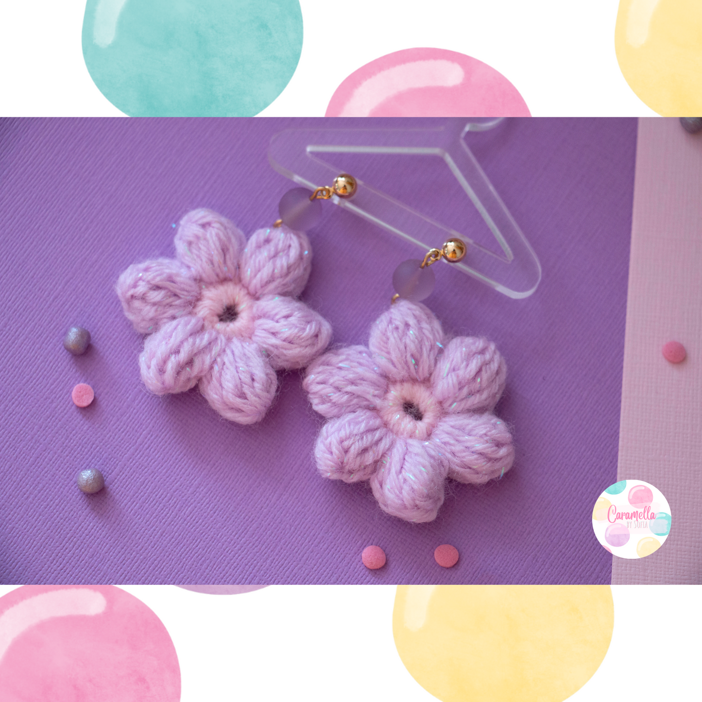 Handmade Crochet Puff Flower Earrings - Lilac and Baby Pink - Lilac Beads - Gold Plated