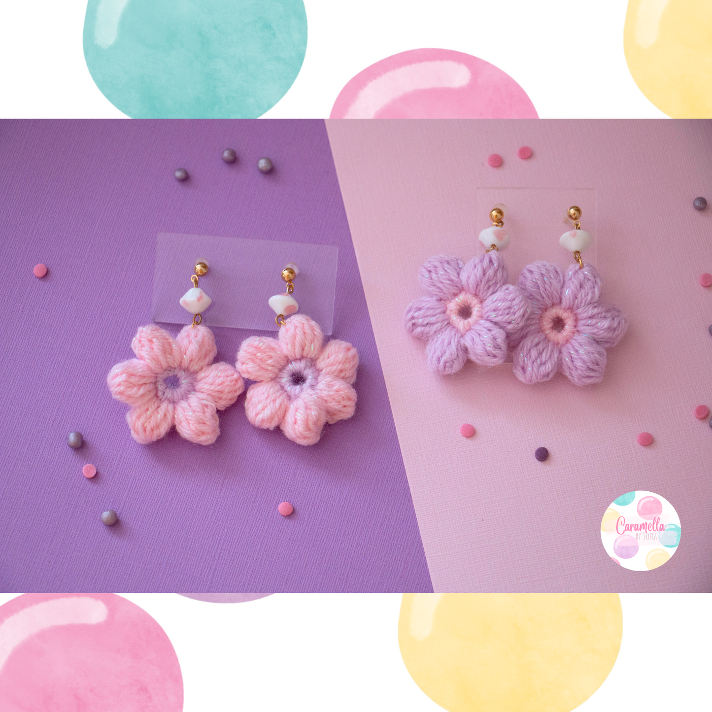 Handmade Crochet Puff Flower Earrings - Baby Pink and Lilac - SMALL Chalk Beads - Gold Plated