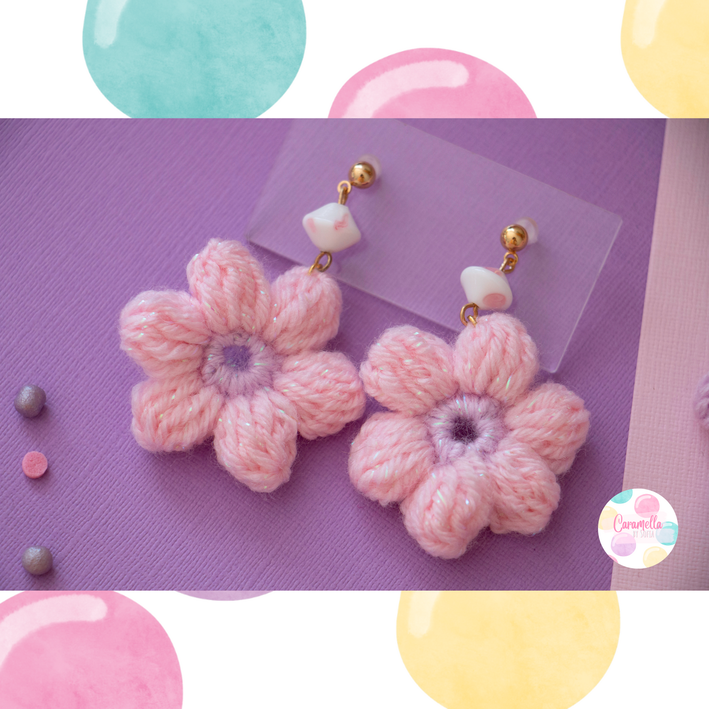 Handmade Crochet Puff Flower Earrings - Baby Pink and Lilac - SMALL Chalk Beads - Gold Plated