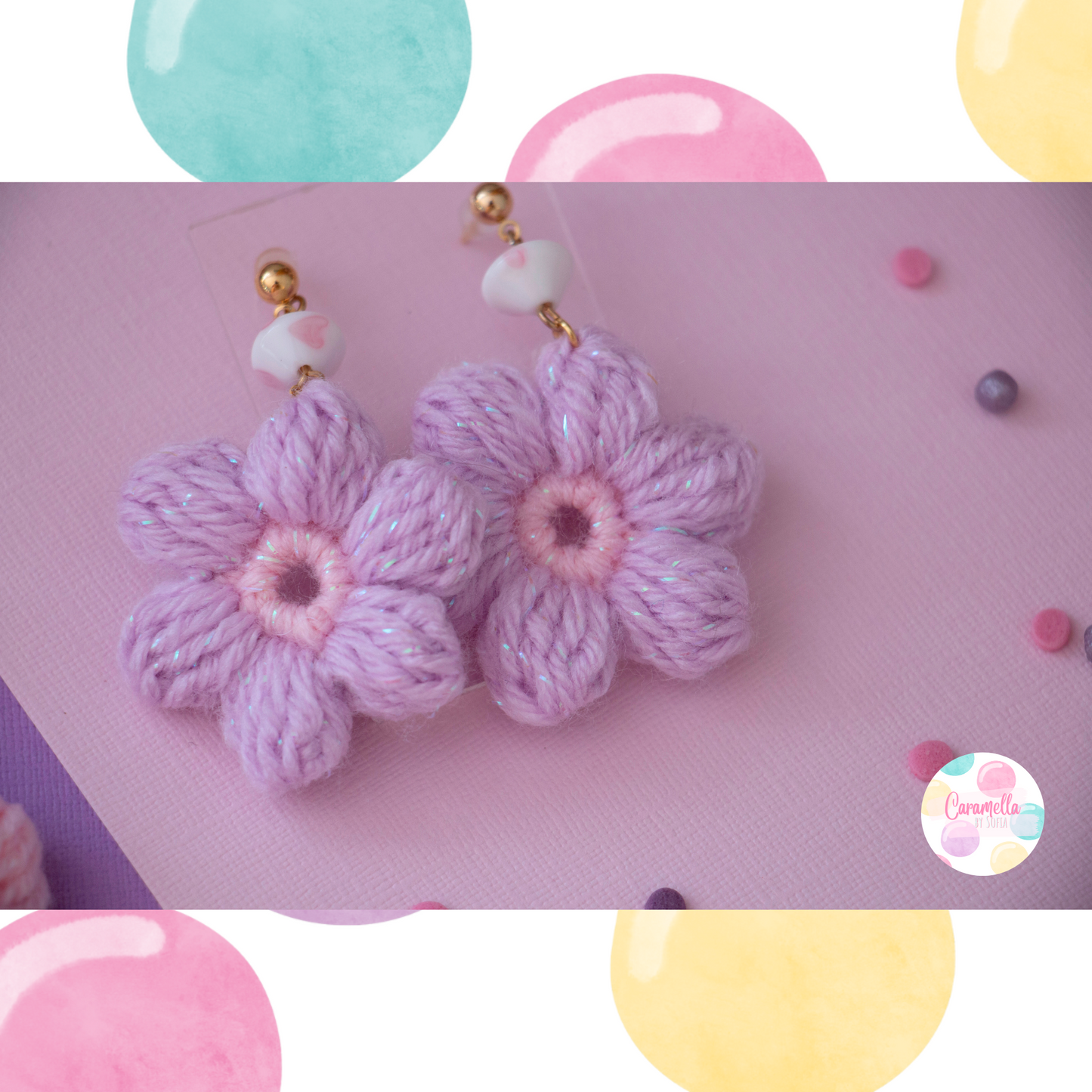 Handmade Crochet Puff Flower Earrings - Baby Pink and Lilac - SMALL Chalk Beads - Gold Plated