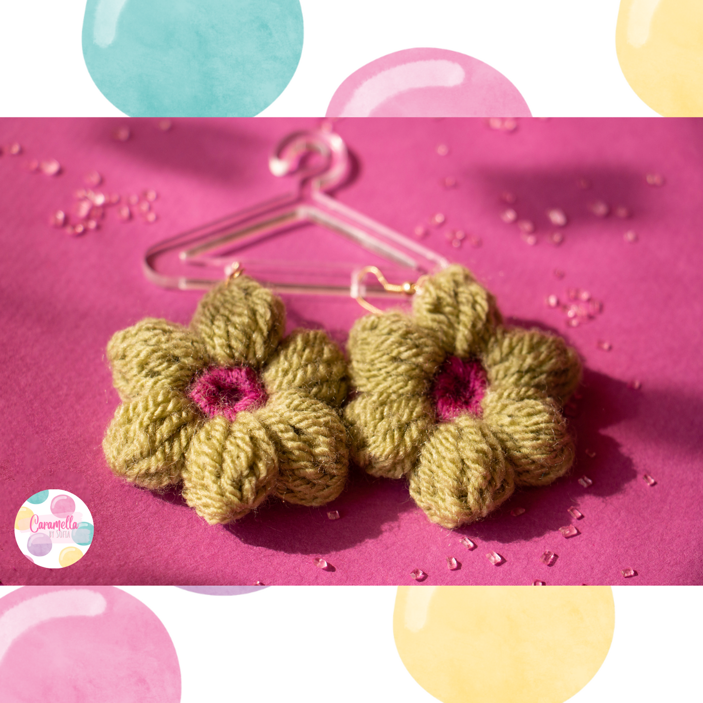 Handmade Crochet Puff Flower Earrings - Gold Plated - Berry and Green