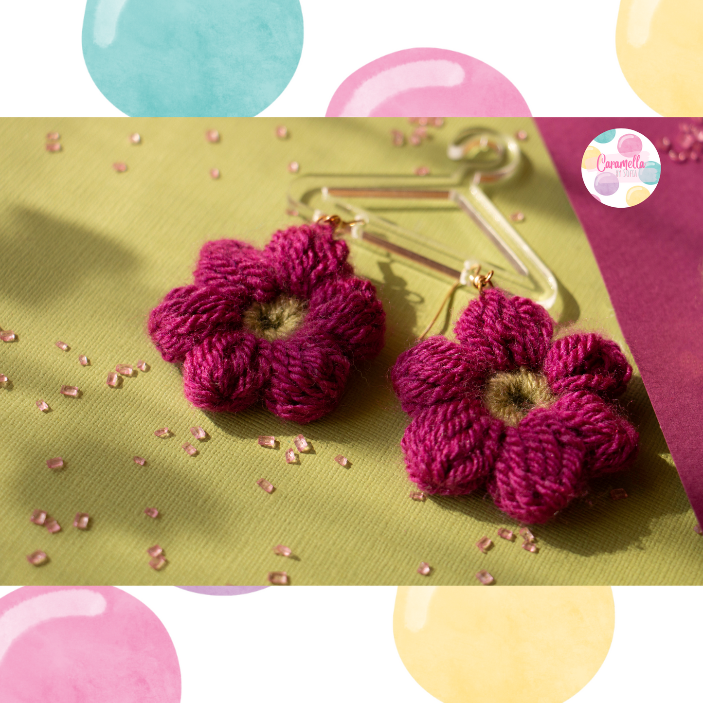 Handmade Crochet Puff Flower Earrings - Gold Plated - Berry and Green