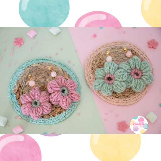 Handmade Puff Flower Crochet Earrings - Pink Glass Beads - Sage Green and Rose Green Yarn - Gold Plated Findings