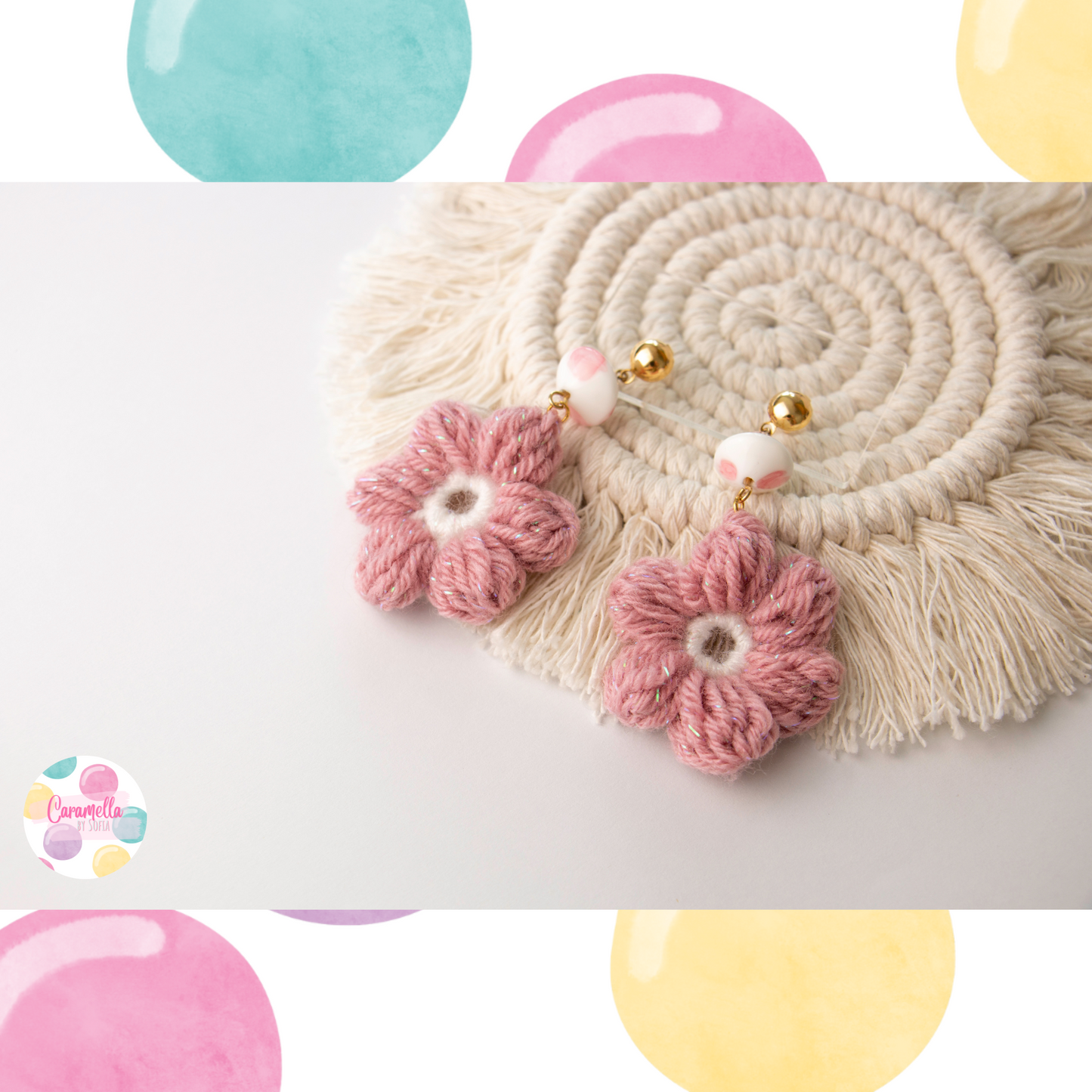 Handmade Flower Crochet Earrings - Rose Pink and White - Gold Plated - Big Chalk Glass Beads