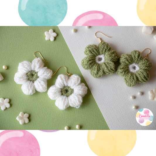 Handmade Puff Flower Crochet Earrings - Gold Plated Hooks - Pistachio Green and White