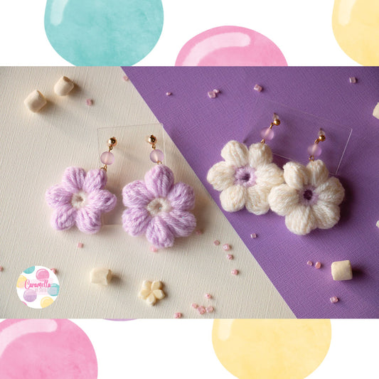 Handmade Crochet Puff Flower Earrings - Gold Plated - Lilac and Pale Yellow - Purple Beads