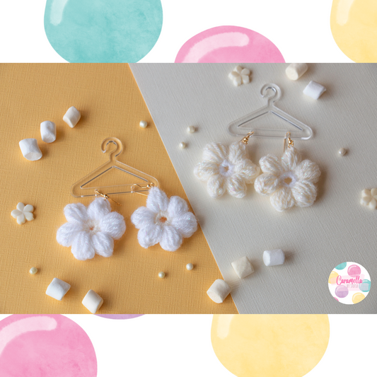 Handmade Flower Crochet Earrings - Pastel Yellow and White - Gold Plated Hooks