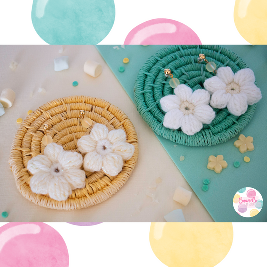 Handmade Crochet Flower Earrings - Pastel Yellow and White - Gold Plated - Yellow Glass Beads -