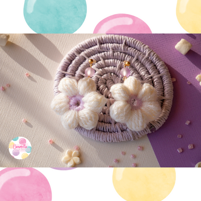 Handmade Crochet Puff Flower Earrings - Lilac and Pale Yellow - Yellow Beads - Gold Plated