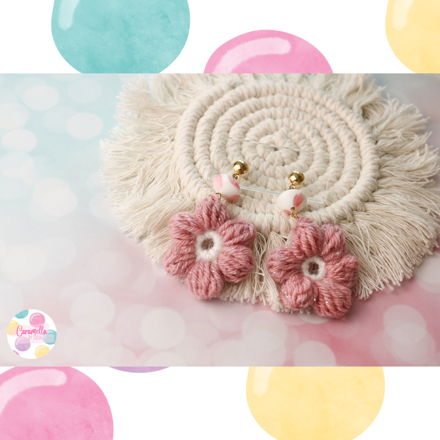 Handmade Flower Crochet Earrings - Rose Pink and White - Gold Plated - Big Chalk Glass Beads