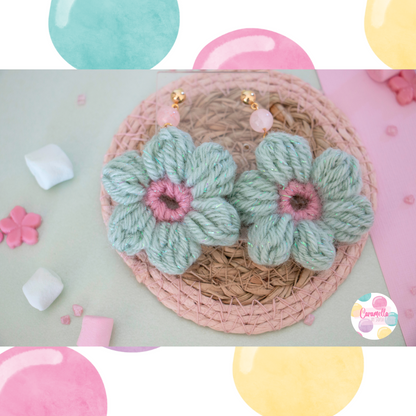 Handmade Puff Flower Crochet Earrings - Pink Glass Beads - Sage Green and Rose Green Yarn - Gold Plated Findings