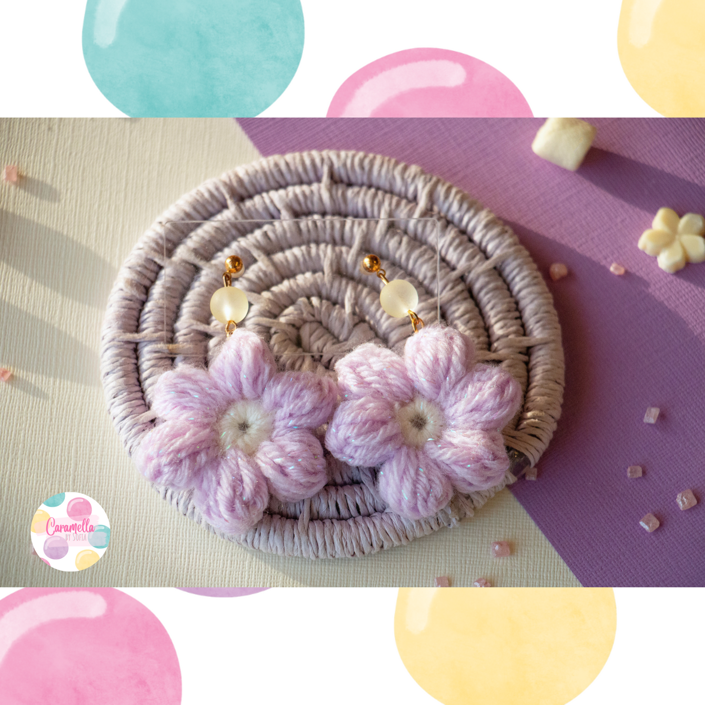 Handmade Crochet Puff Flower Earrings - Lilac and Pale Yellow - Yellow Beads - Gold Plated