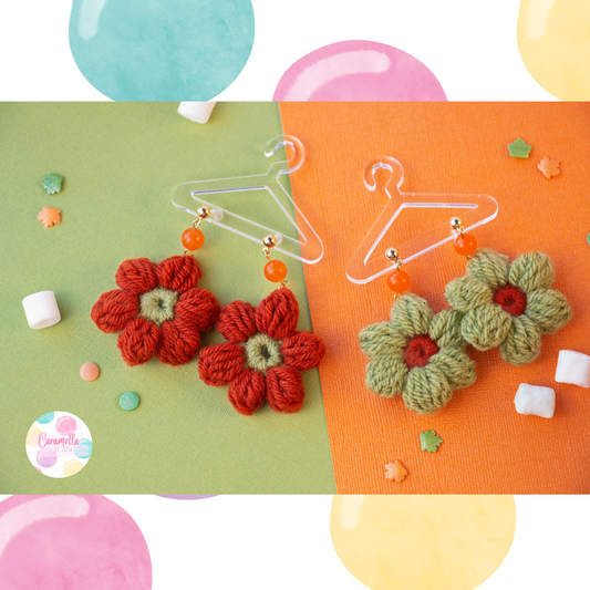 Handmade Crochet Flower Earrings - Orange and Green - Orange Glass Beads - Gold Plated
