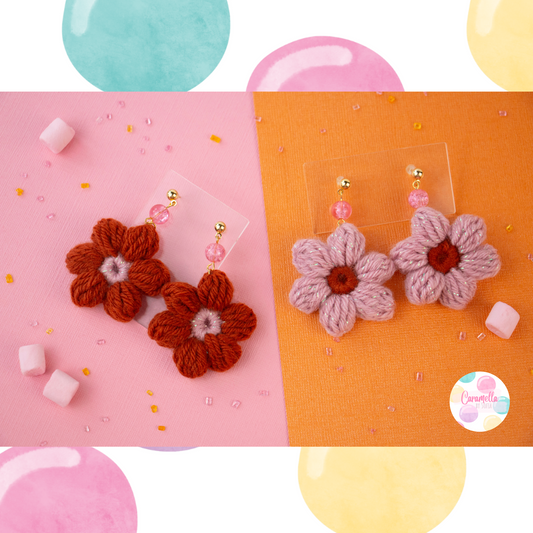 Handmade Crochet Flower Earrings - Orange and Rose Pink - Pink Glass Beads - Gold Plated