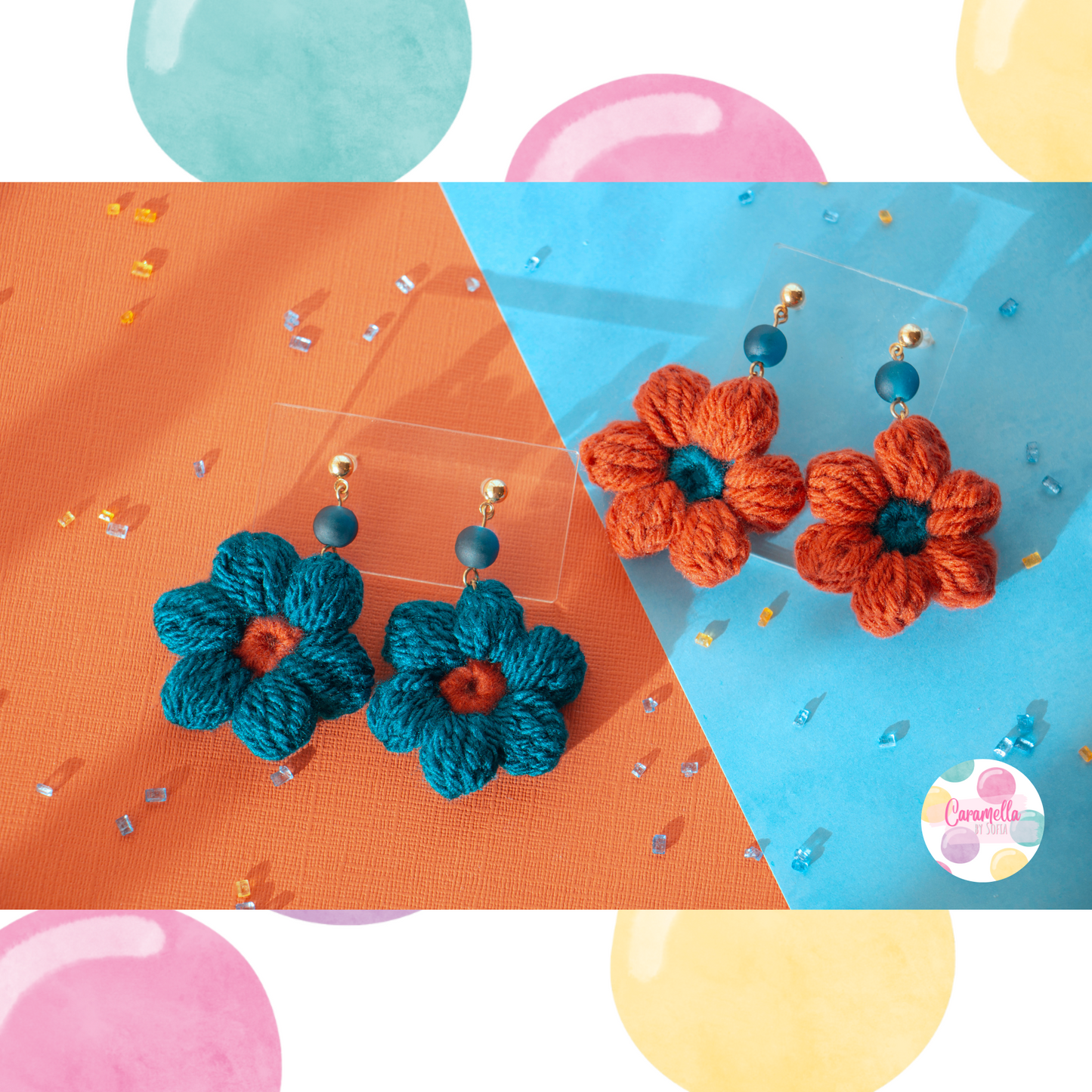 Handmade Crochet Flower Earrings - Orange and Blue - Blue Glass Beads - Gold Plated