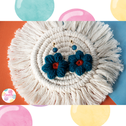 Handmade Crochet Flower Earrings - Orange and Blue - Blue Glass Beads - Gold Plated
