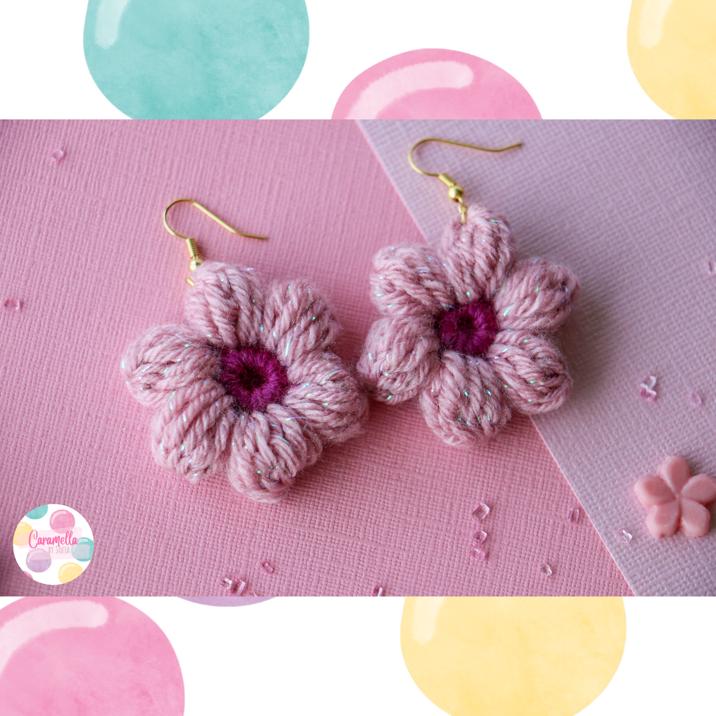Handmade Crochet Flower Earrings - Berry Purple and Rose Pink - Gold Plated hooks