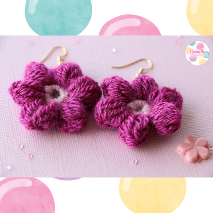 Handmade Crochet Flower Earrings - Berry Purple and Rose Pink - Gold Plated hooks