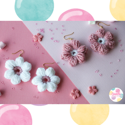 Handmade Crochet Flower Earrings - Rose Pink and White - Gold Plated Hooks