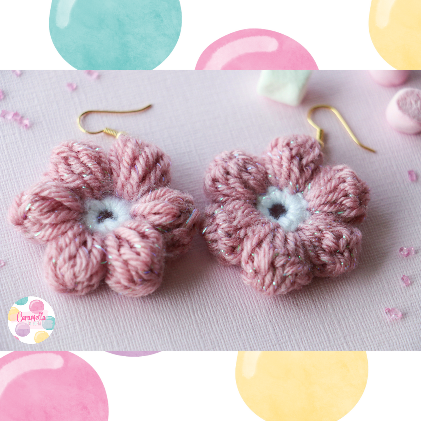 Handmade Crochet Flower Earrings - Rose Pink and White - Gold Plated Hooks