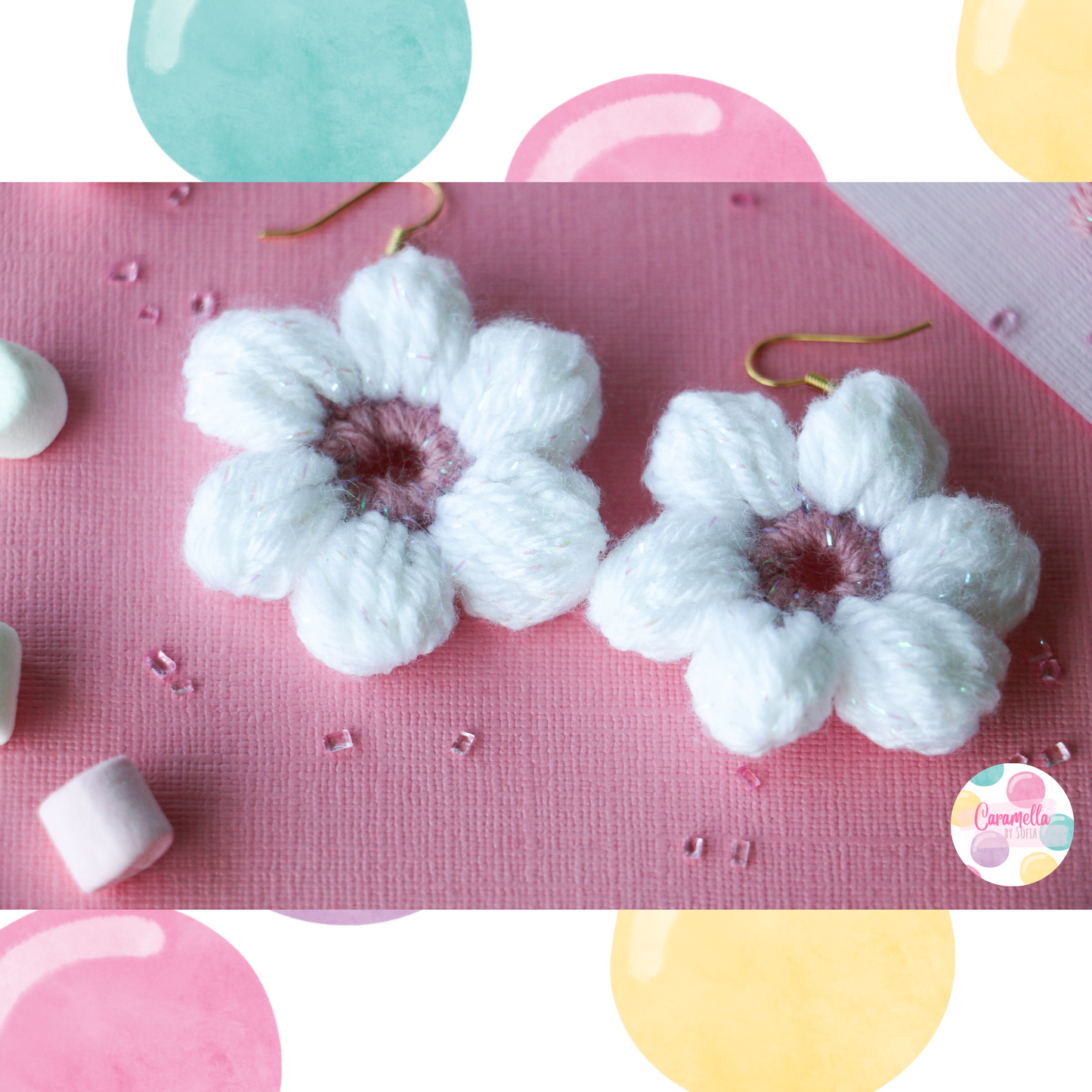 Handmade Crochet Flower Earrings - Rose Pink and White - Gold Plated Hooks
