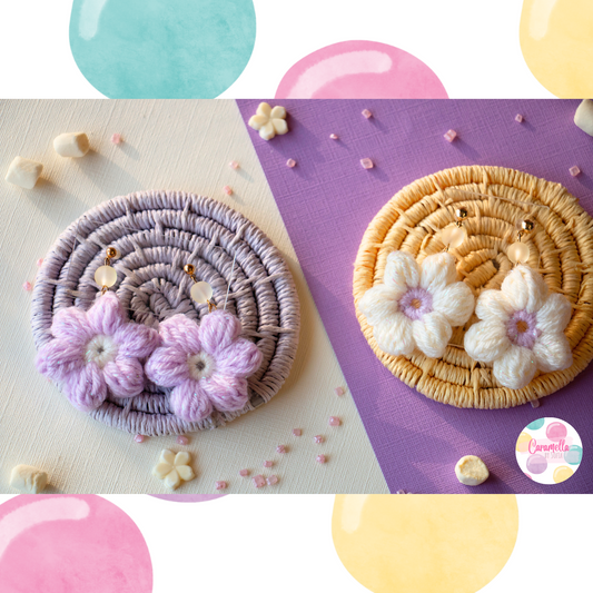 Handmade Crochet Puff Flower Earrings - Lilac and Pale Yellow - Yellow Beads - Gold Plated