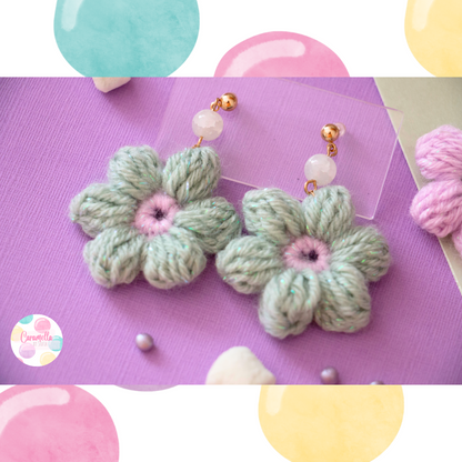 Handmade Puff Flower Crochet Earrings - Green Glass Beads - Sage Green and Lilac - Gold Plated