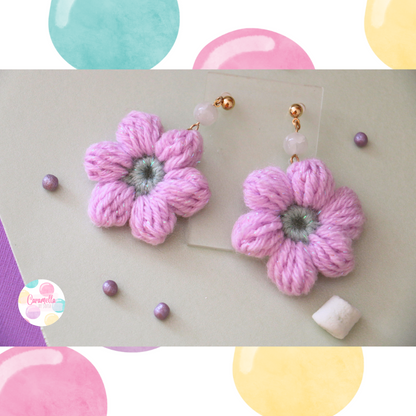 Handmade Puff Flower Crochet Earrings - Green Glass Beads - Sage Green and Lilac - Gold Plated