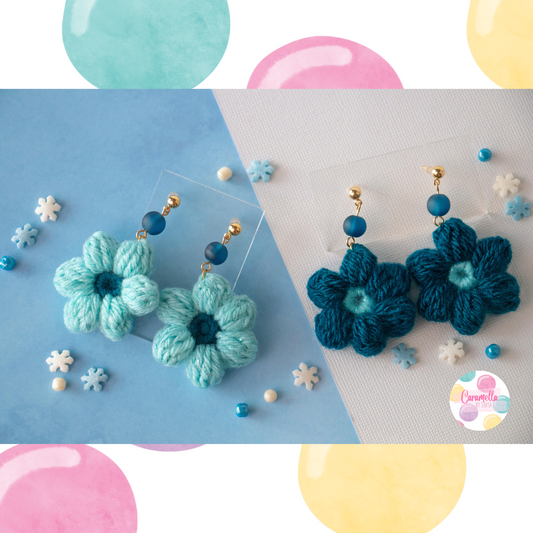 Handmade Crochet Flower Earrings - Gold Plated - Blue and Light Blue - Blue Glass Beads