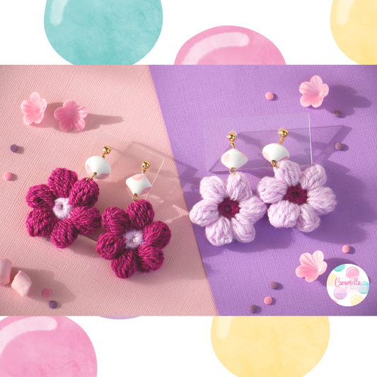 Handmade Crochet Flower Earrings - Lilac and Berry Purple - Chalk Beads - Gold Plated