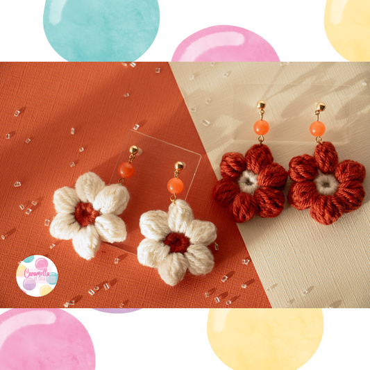 Handmade Crochet Flower Earrings - Pumpkin Spice - Orange and Cream - Orange Glass Beads - Gold Plated