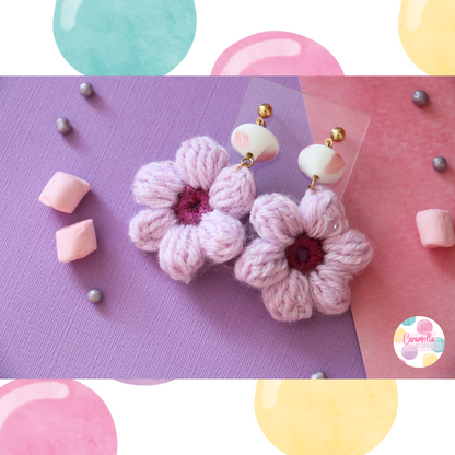 Handmade Crochet Flower Earrings - Lilac and Berry Purple - Chalk Beads - Gold Plated