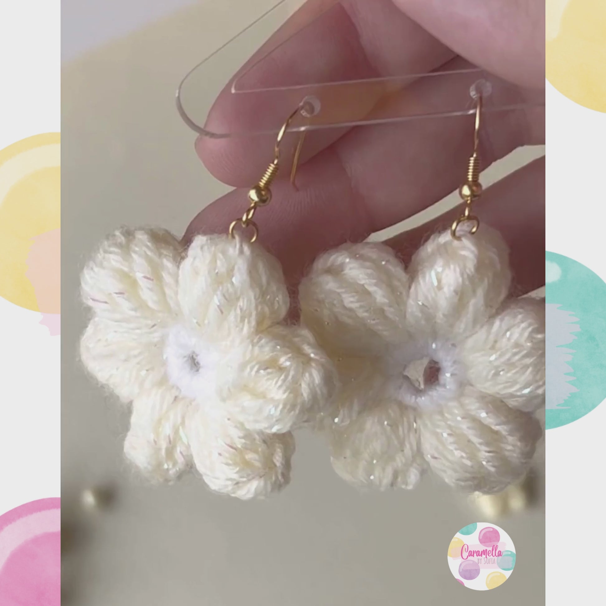 Handmade Flower Crochet Earrings - Pastel Yellow and White - Gold