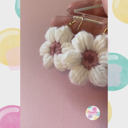Handmade Crochet Flower Earrings - Rose Pink and White - Gold Plated Hooks
