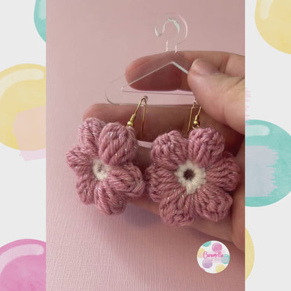 Handmade Crochet Flower Earrings - Rose Pink and White - Gold Plated Hooks