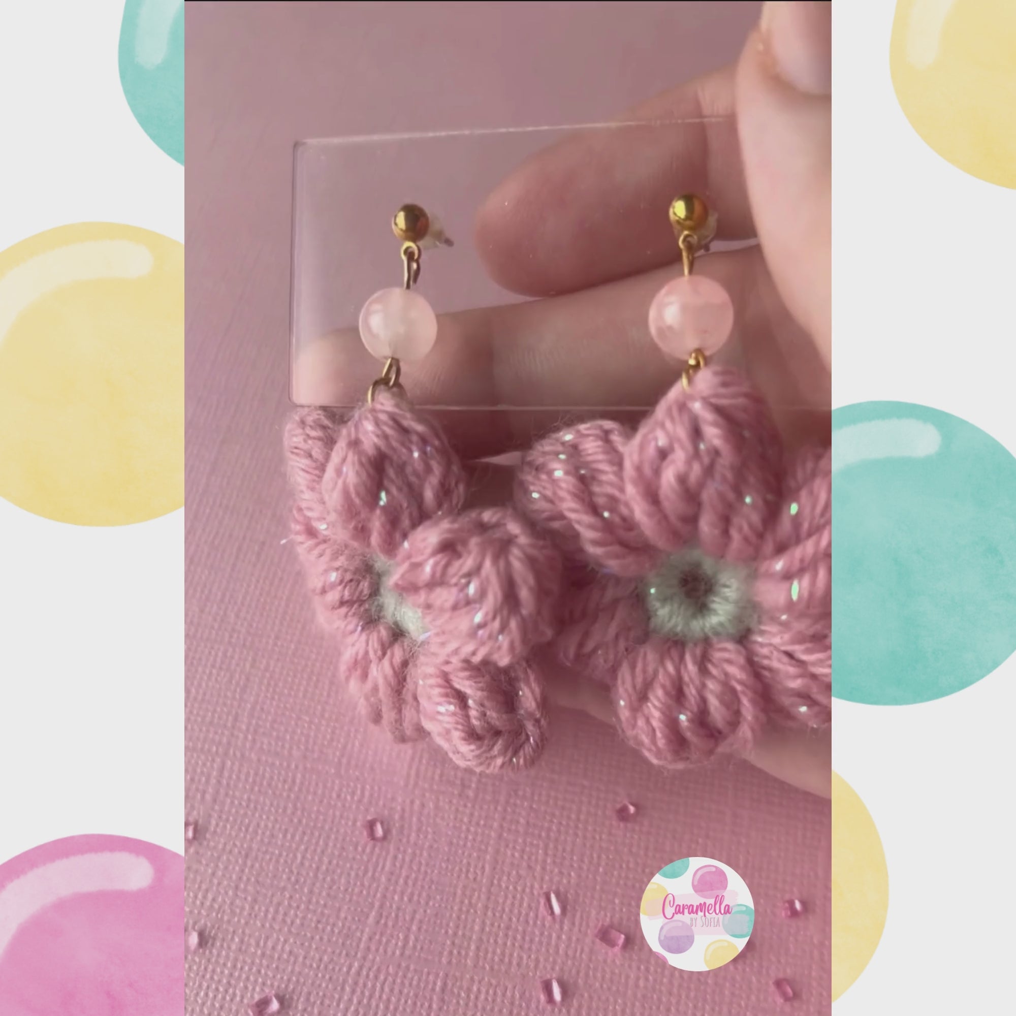 Handmade Puff Flower Crochet Earrings Pink Glass Beads Sage Green and Rose Green Yarn Gold Plated Findings