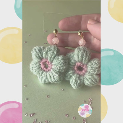 Handmade Puff Flower Crochet Earrings - Pink Glass Beads - Sage Green and Rose Green Yarn - Gold Plated Findings