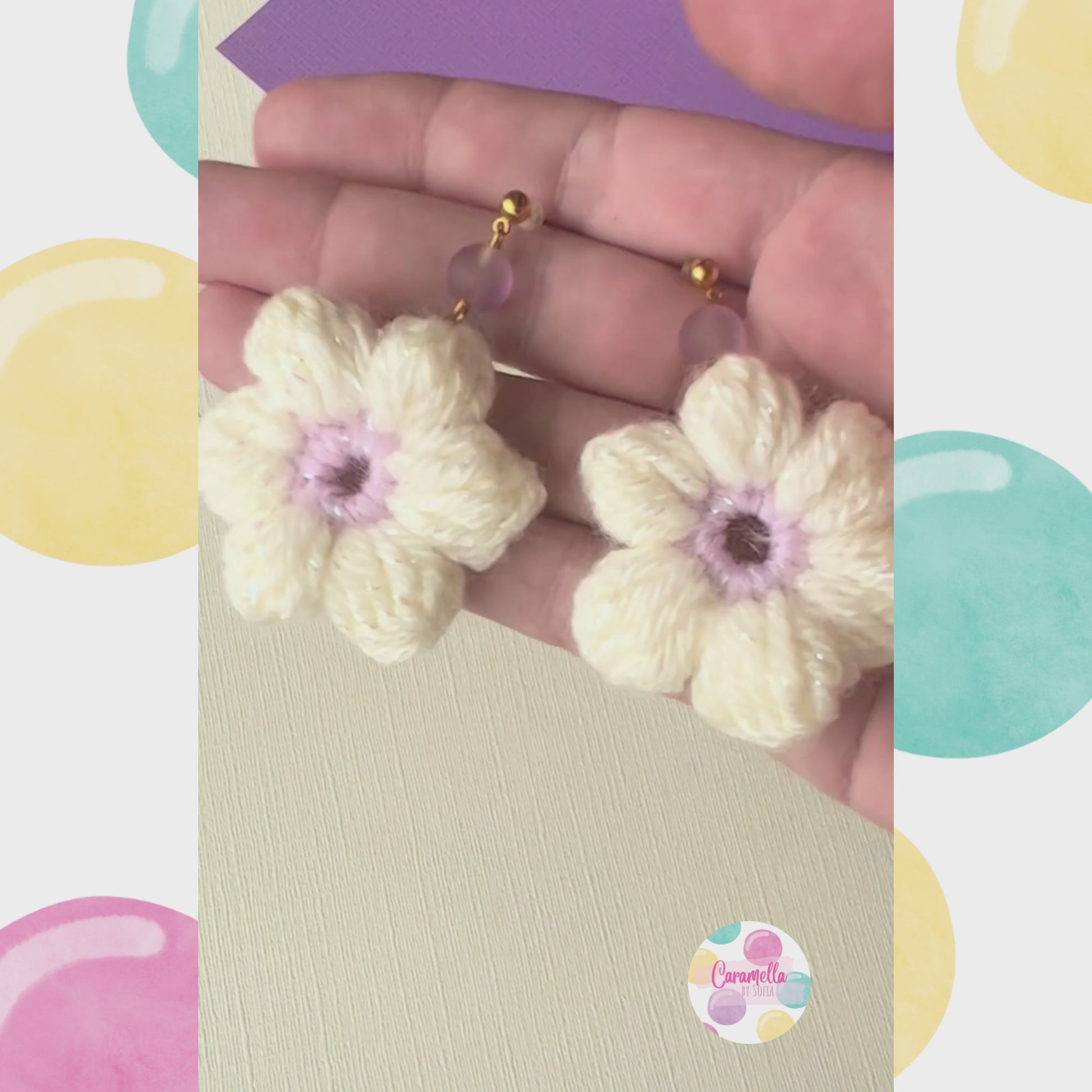 Handmade Crochet Puff Flower Earrings - Gold Plated - Lilac and Pale Yellow  - Purple Beads